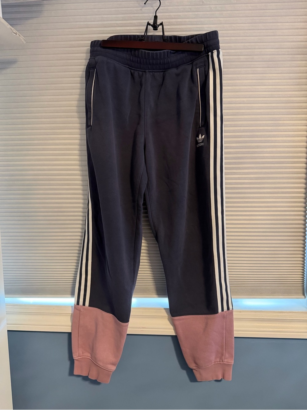adidas Kids Navy Joggers with Pink Cuffs and White Stripes